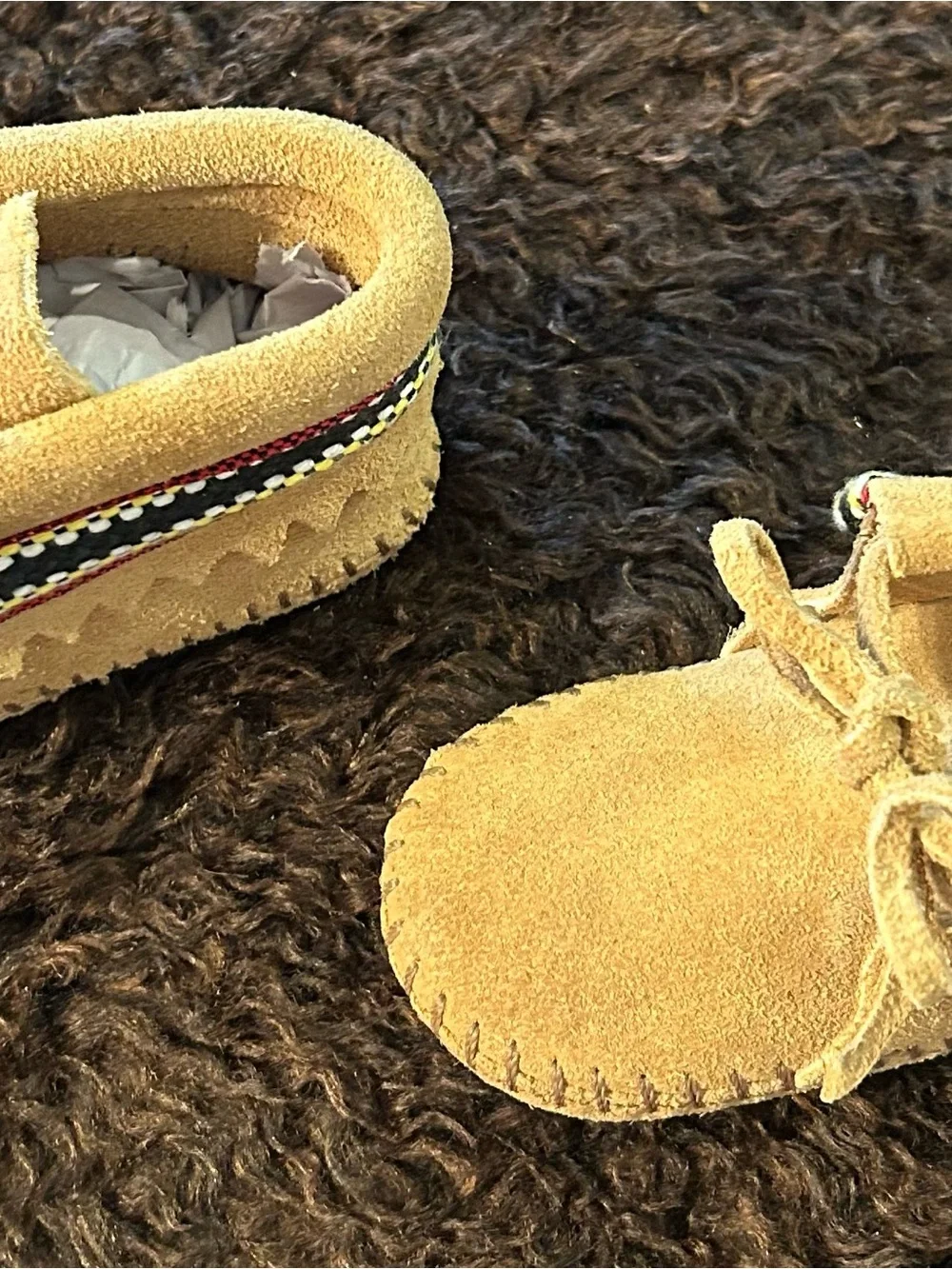 Tan Suede Minnetonka Moccasin Baby Booties w/ Colorful Trim Baby/InfantSize 4